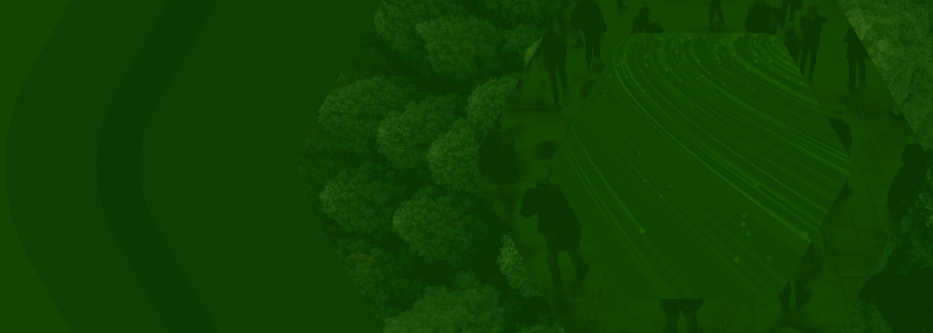 Grüner Hintergrund mit blassen Umrissen von Bäumen und Menschen.