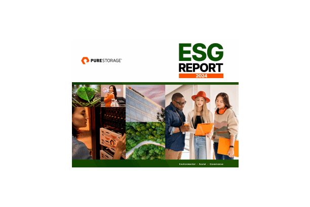 Titelseite des ESG-Berichts 2024 von Pure Storage mit Bildern von Menschen, Servern und Natur.