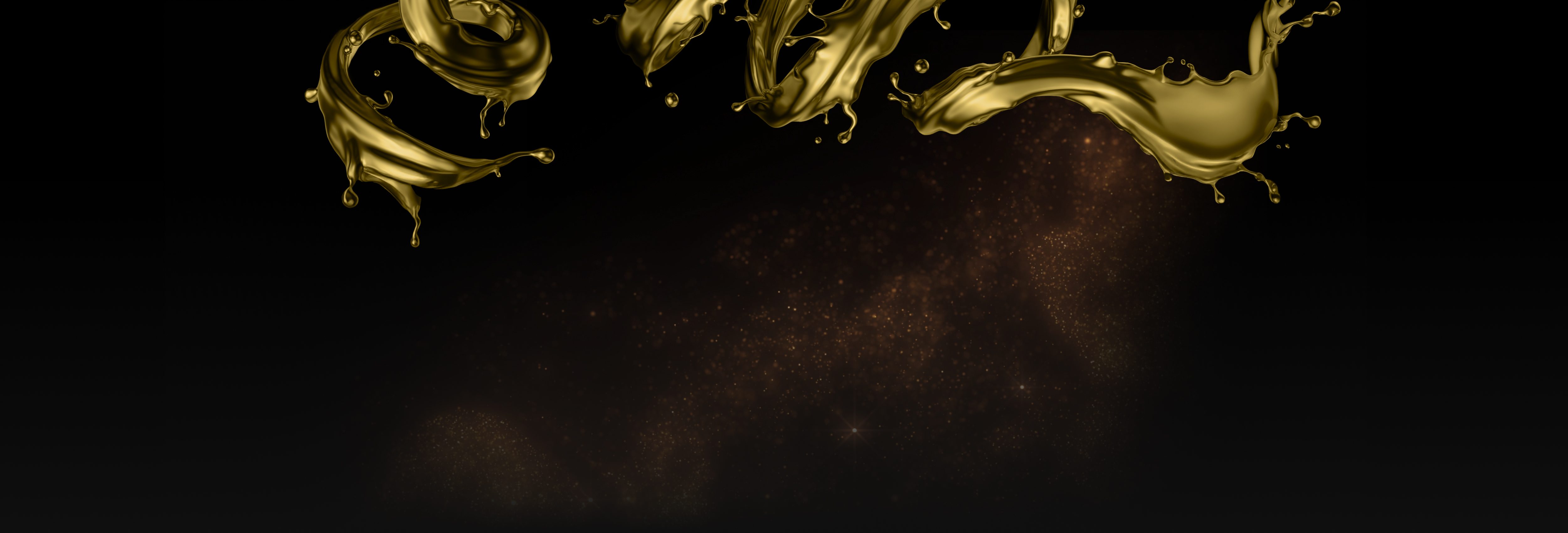 A spiral of gold liquid framing a dark background of gold particles