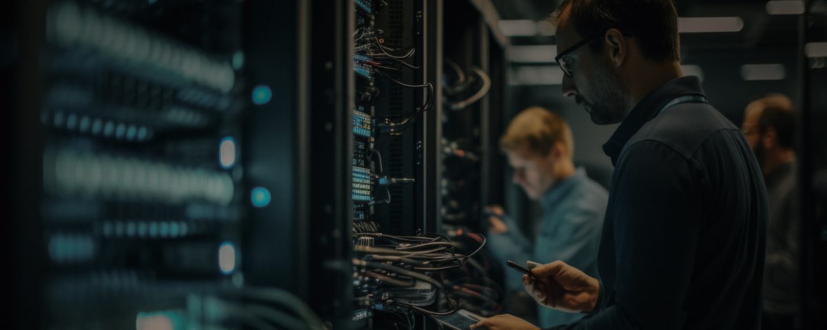 Technicians managing server equipment in a data centre