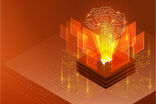 Brochure displayed at an angle featuring descriptive text and a vibrant pyramid chart