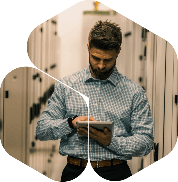Man using a tablet in a storage facility