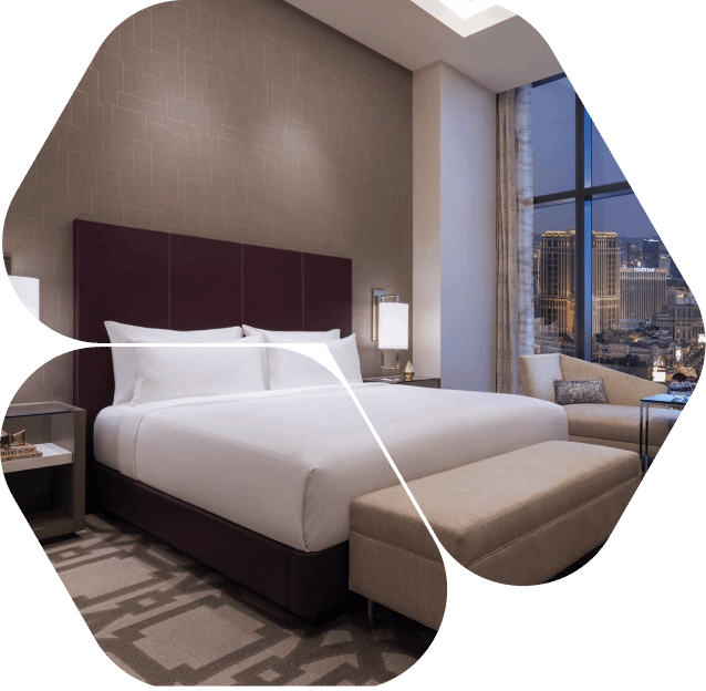 Luxurious hotel room with modern decor and city view