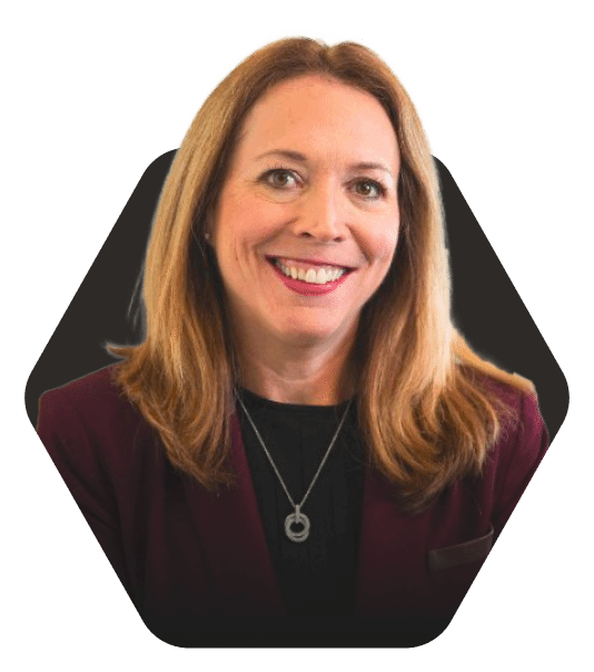 Professional Headshot with a Warm Smile featured in a hexagonal frame on a dark background