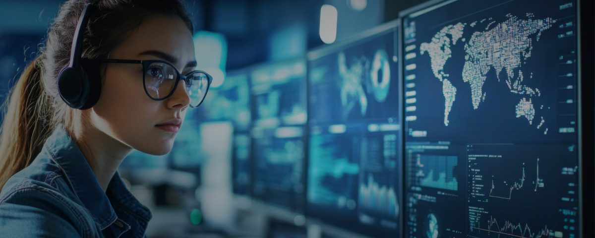 Focused professional working on data analysis in a high-tech environment