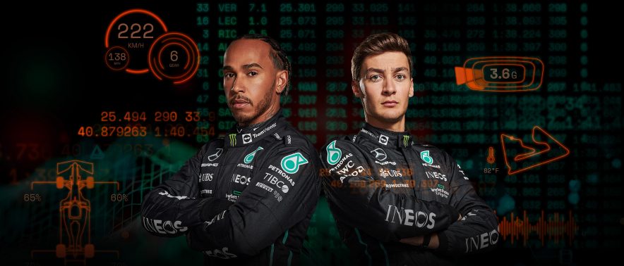 Lewis Hamilton of the Mercedes-AMG Petronas F1 Team in front of dashboard statistics