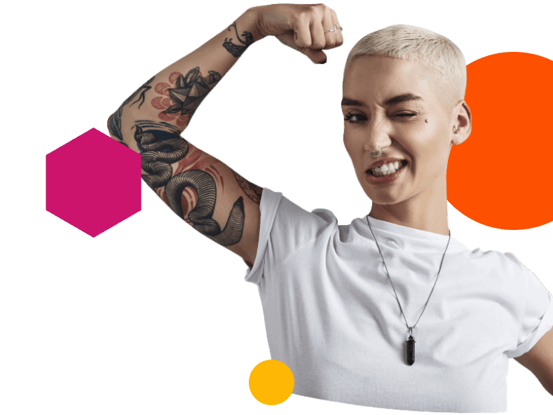 Tattooed woman flexing the strength of flexible consumption-based storage