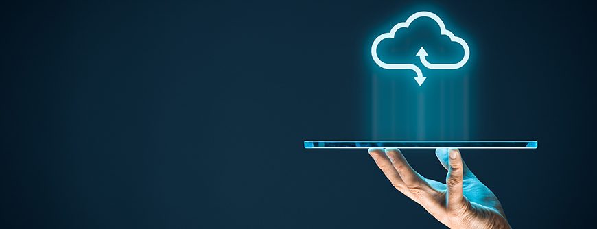 Cloud computing concept - connect devices to cloud. Businessman or information technologist with cloud computing icon and tablet.