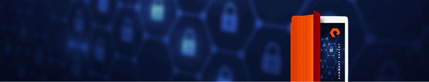 A mobile device with an orange case displaying a security report, set against a blue background with lock patterns.