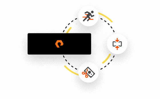 Pure Storage logo with icons representing speed, cost savings, and data compression.