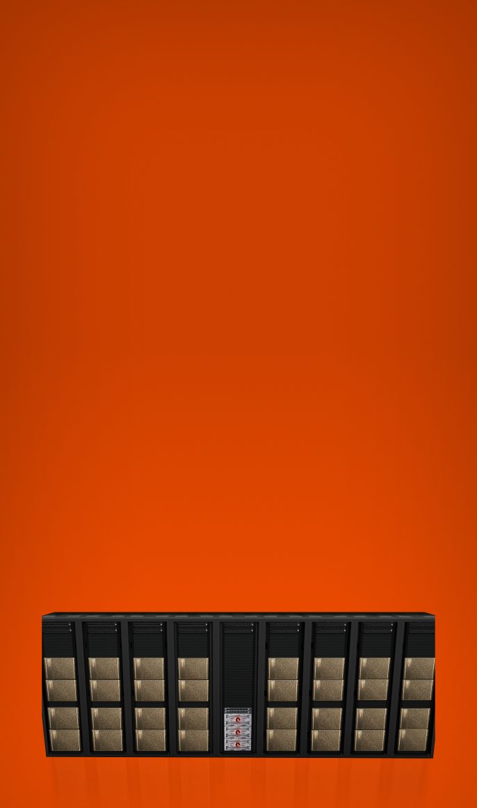 Black NVIDIA DGX SuperPOD server rack with illuminated panels, set against a bright orange background.