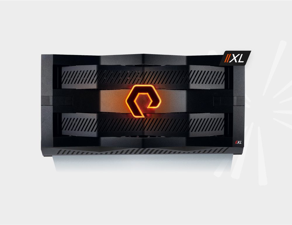 Glowing orange bezelon a FlashArray//XL storage array