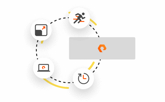 Pure Storage logo with icons representing speed, performance, scalability, and recovery.