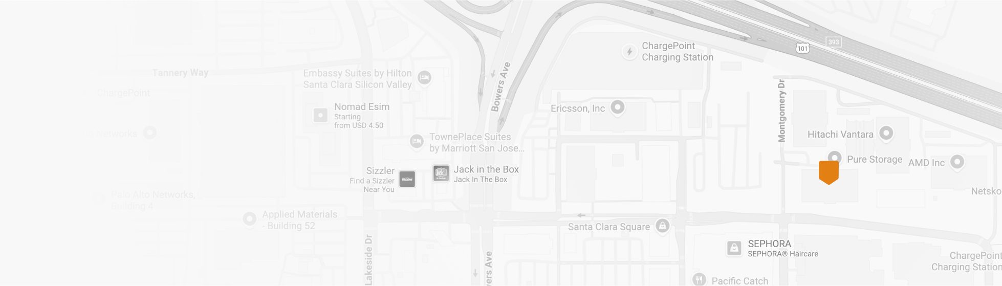 Map pinpointing location of the Pure Storage headquarters in Santa Clara, California