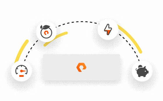 Pure Storage logo connected to icons representing efficiency, power, performance, and savings.