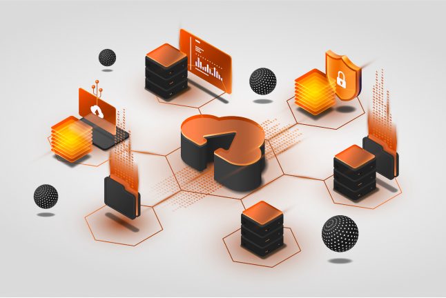 Visual depiction of a data network with interconnected nodes and dynamic elements