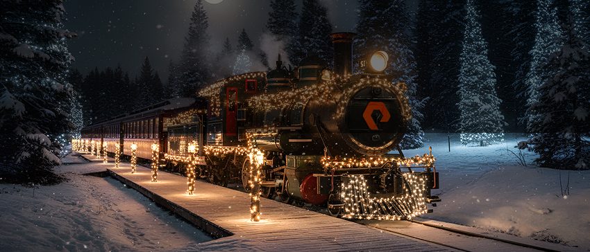 Festively Decorated Steam Train Traveling Through a Winter Wonderland