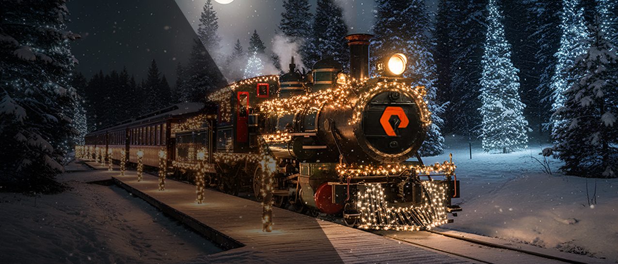 Festively Decorated Steam Train Traveling Through a Winter Wonderland